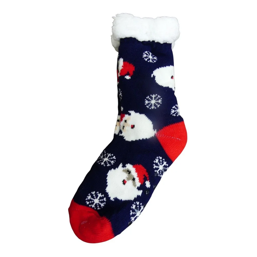 Warm & Snuggly Slipper Socks Womens OS Navy NWT Santa Snowflake Faux Fur Lined